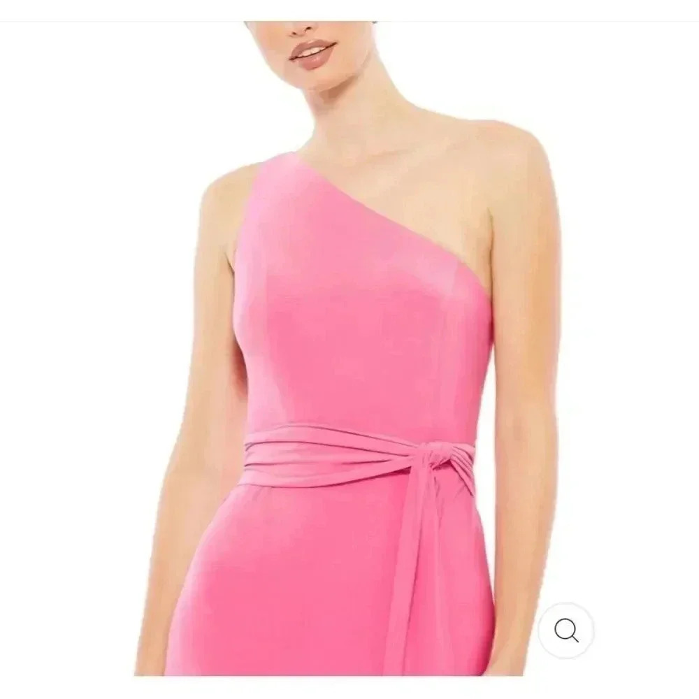 NWT Mac Duggal Jersey One Shoulder Belted Trumpet Gown Candy Pink size 6 - Picture 9 of 10